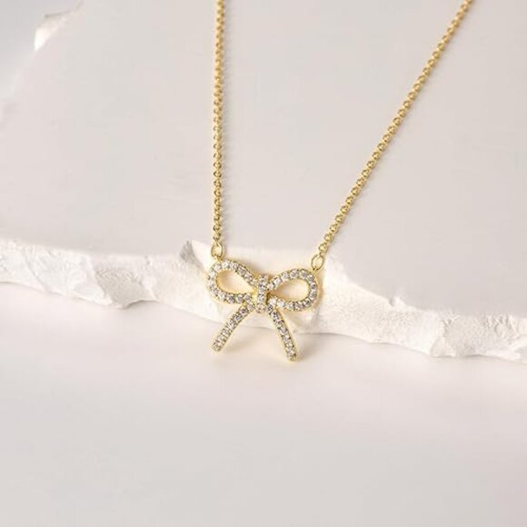 Neiman Marcus 14K Diamond CZ Gold Plated Bow Tie Necklace - Picture 4 of 4